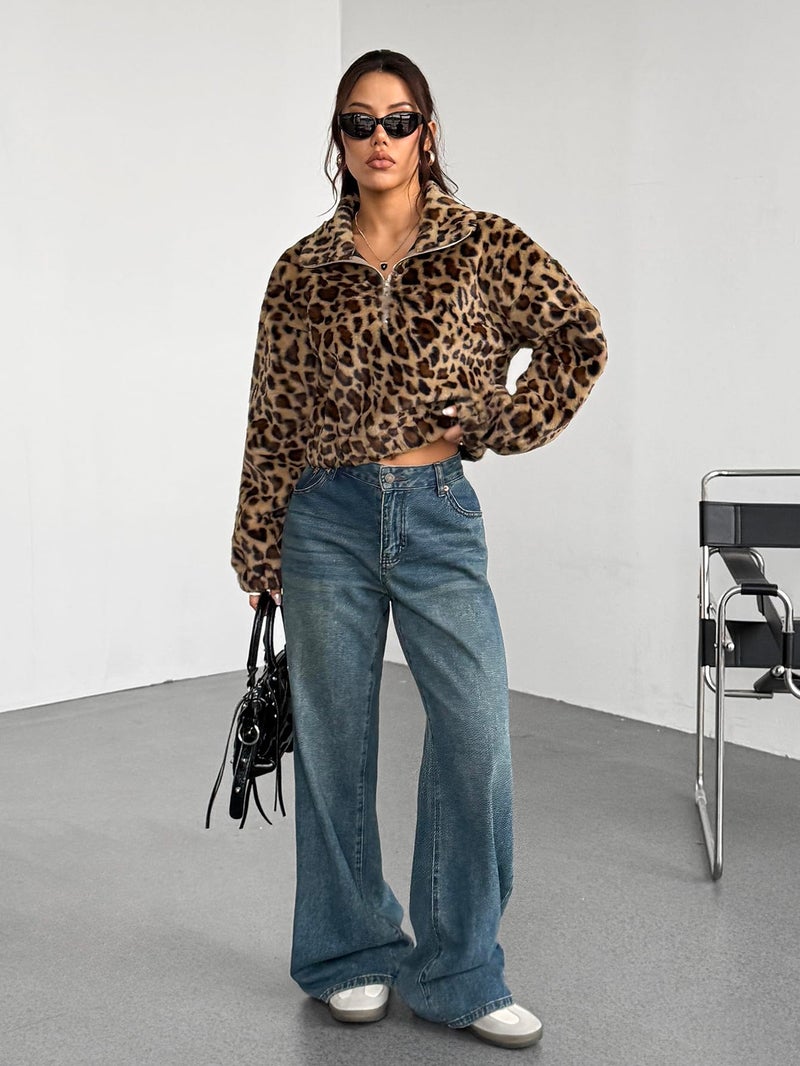 ZAFUL Women's Fashion Long Sleeve Lapel Half Zip Plain Faux Fur Sweatshirt Solid Color Crop Pullover Tops (2-Leopard,L) - Image 5